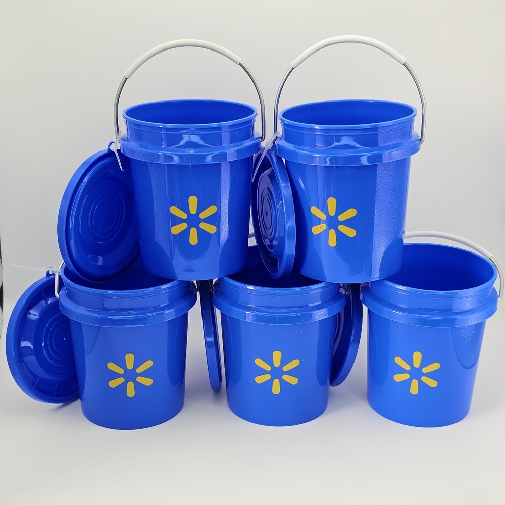 Lot Of 5! Walmart Mini Bucket Blue w/Yellow Star, With Lids! Collectible HTF